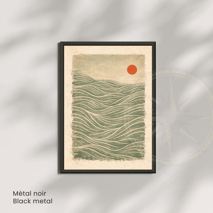 Vintage Japanese wave wall art unframed, green red sun golden lines textured print