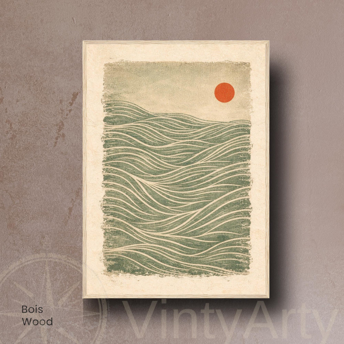 Vintage Japanese wave wall art unframed, green red sun golden lines textured print