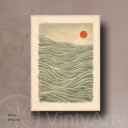 Vintage Japanese wave wall art unframed, green red sun golden lines textured print
