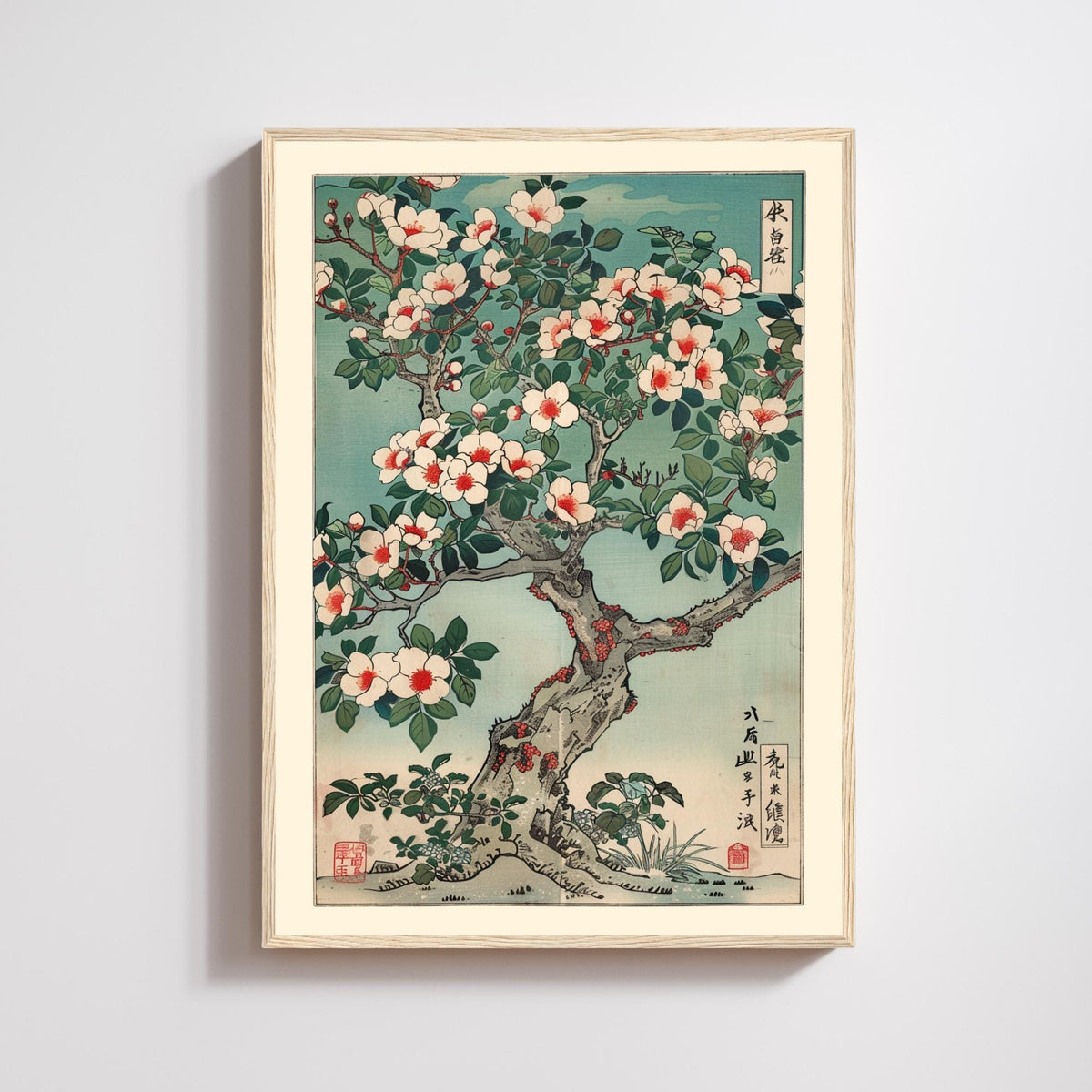 Japanese camellia print, white red flowers on gnarled mossy trunk blue-green sky, ukiyo-e botanical wall art