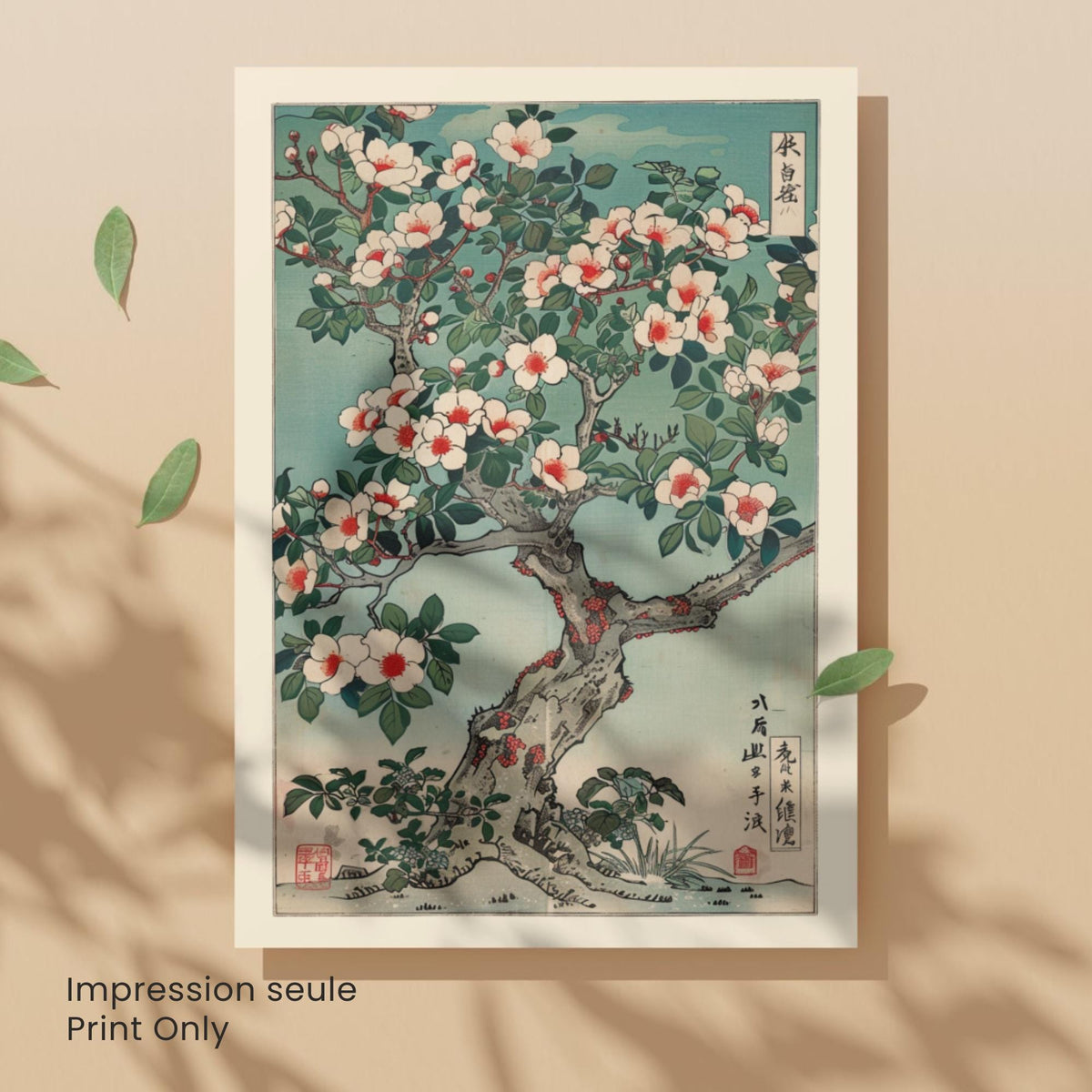 Affiche camélia japonais en fleurs, art mural estampe ukiyo-e botanique vintage