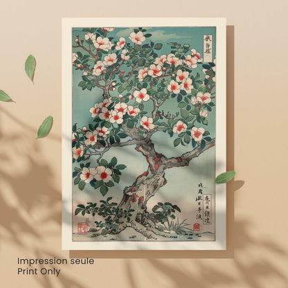 Affiche camélia japonais en fleurs, art mural estampe ukiyo-e botanique vintage