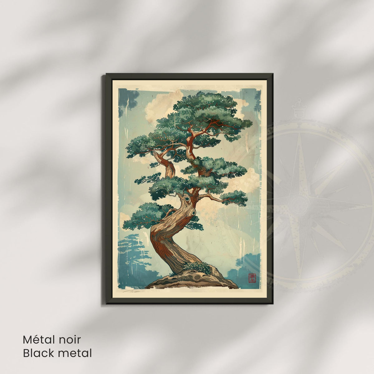 Affiche bonsaï pin japonais, art mural estampe vintage zen nature
