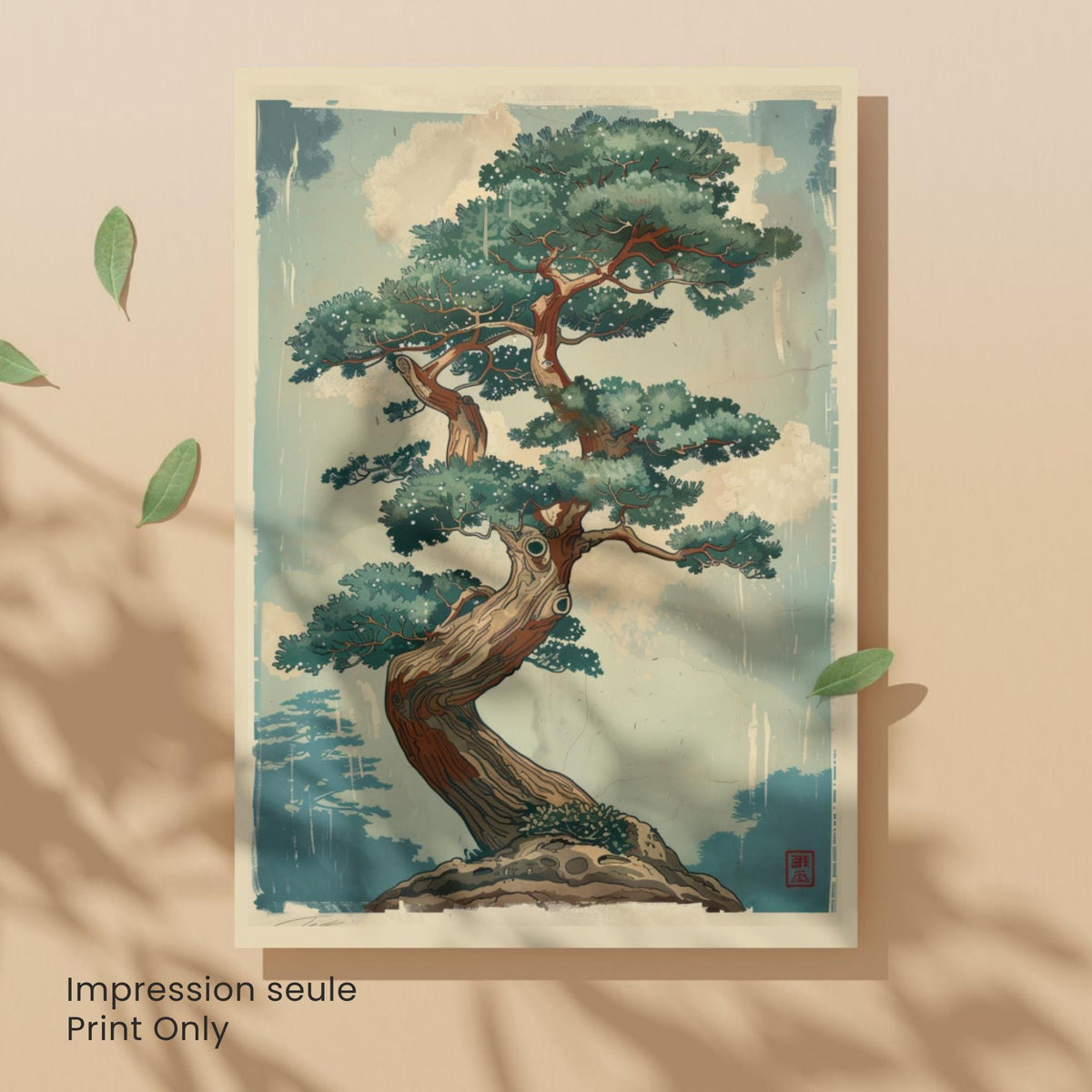 Affiche bonsaï pin japonais, art mural estampe vintage zen nature