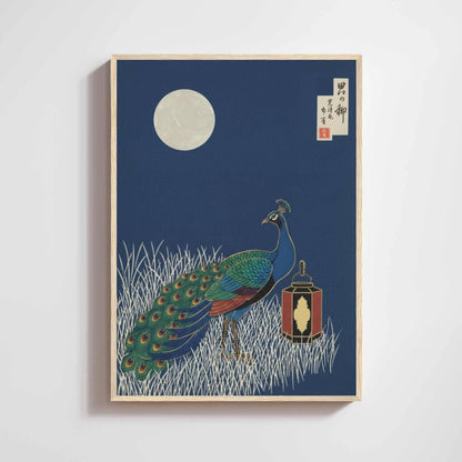 Affiche paon sous la lune, lanterne japonaise, poster vintage bleu nuit