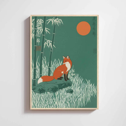 Affiche renard japonais bambou lune orange, art mural estampe vert forêt zen