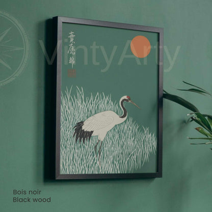 Affiche grue japonaise herbes lune orange, art mural estampe vert forêt zen
