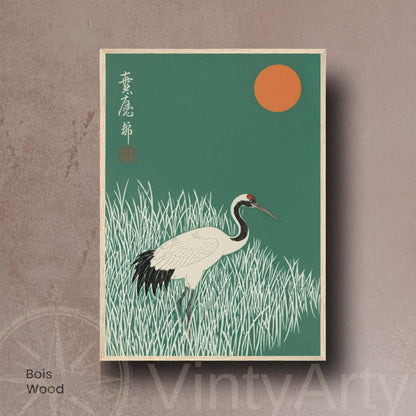 Affiche grue japonaise herbes lune orange, art mural estampe vert forêt zen