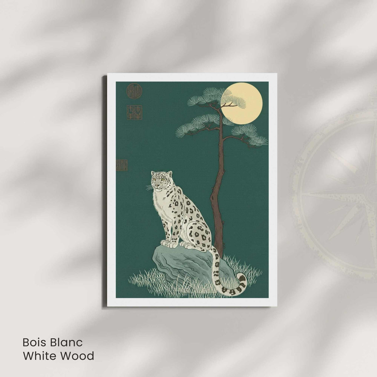 Affiche panthère des neiges sous la lune, poster vintage vert émeraude, art mural animalier