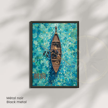 Affiche Ukai Japon, pêche traditionnelle au cormoran, poster japonais turquoise