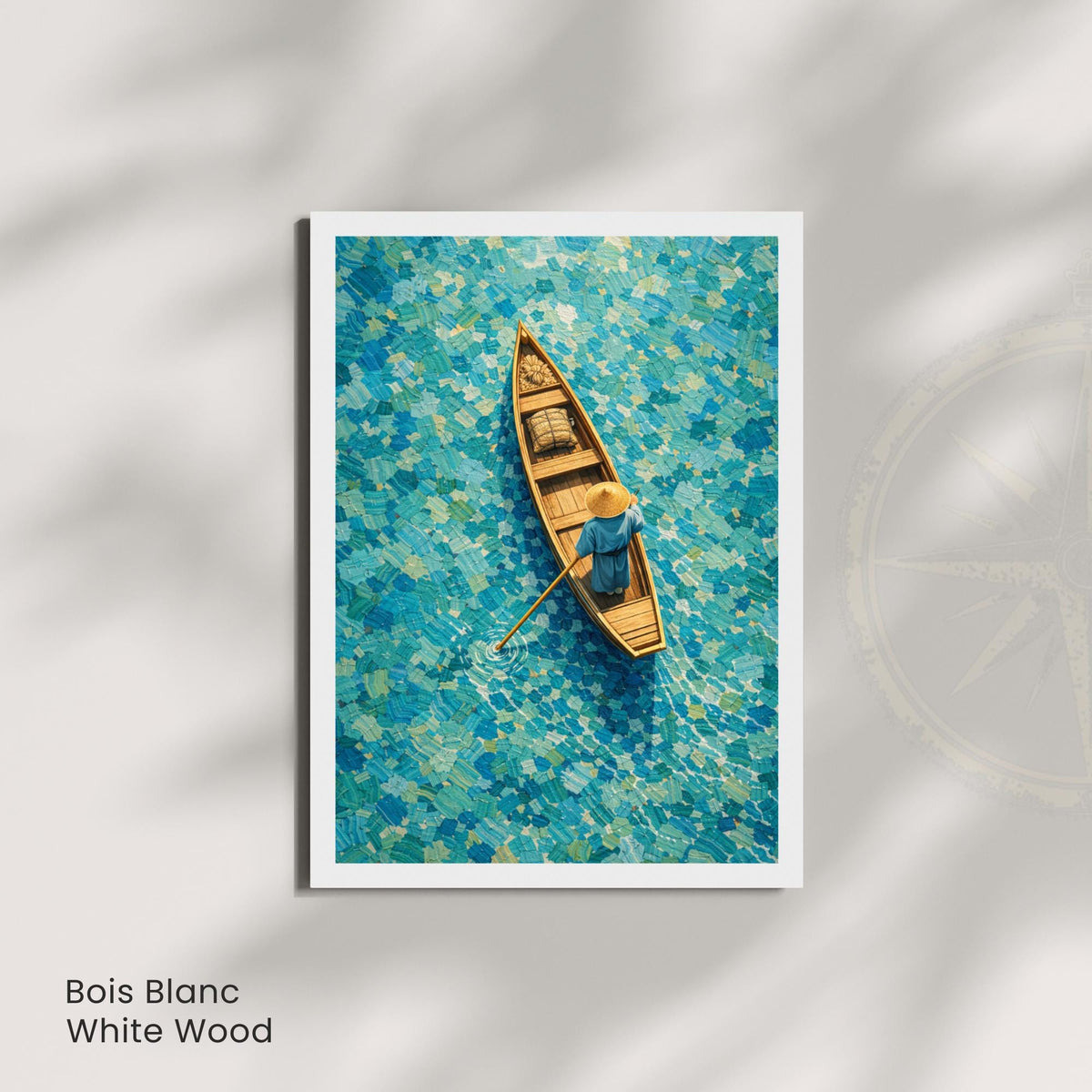 Affiche barque vue du ciel eau turquoise, art mural mosaïque asiatique zen
