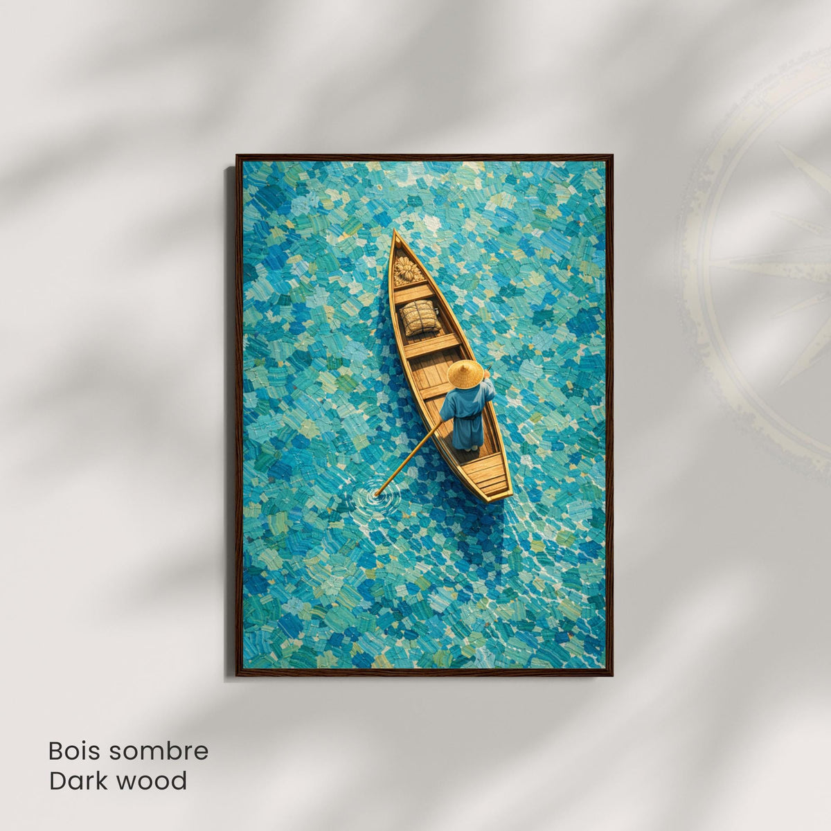 Affiche barque vue du ciel eau turquoise, art mural mosaïque asiatique zen