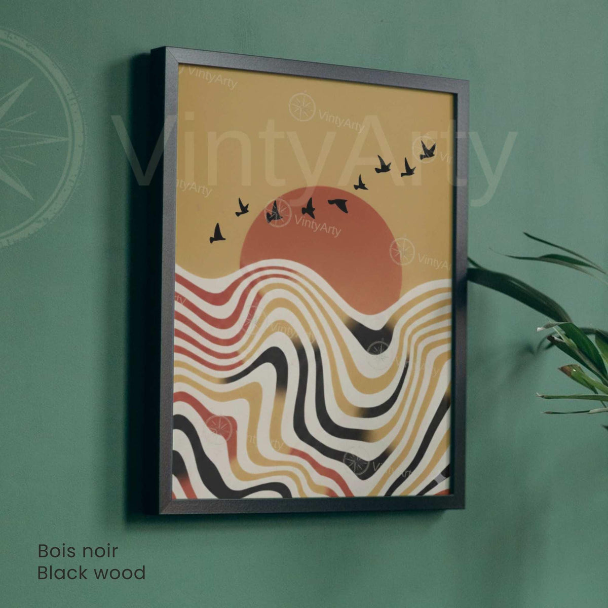 Affiche paysage vagues rétro oiseaux soleil terracotta, art mural boho vintage