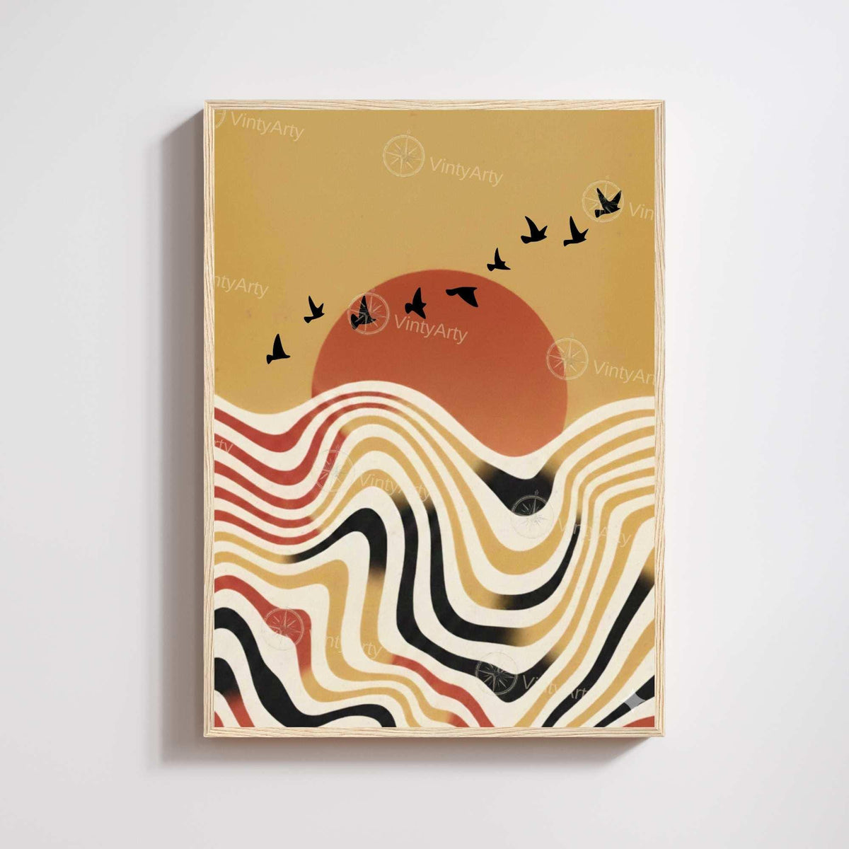 Affiche paysage vagues rétro oiseaux soleil terracotta, art mural boho vintage