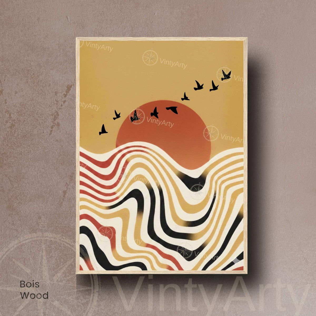 Affiche paysage vagues rétro oiseaux soleil terracotta, art mural boho vintage