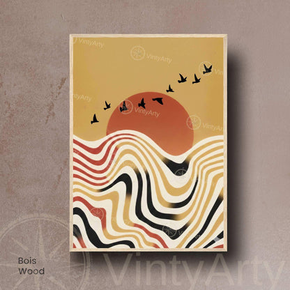 Affiche paysage vagues rétro oiseaux soleil terracotta, art mural boho vintage