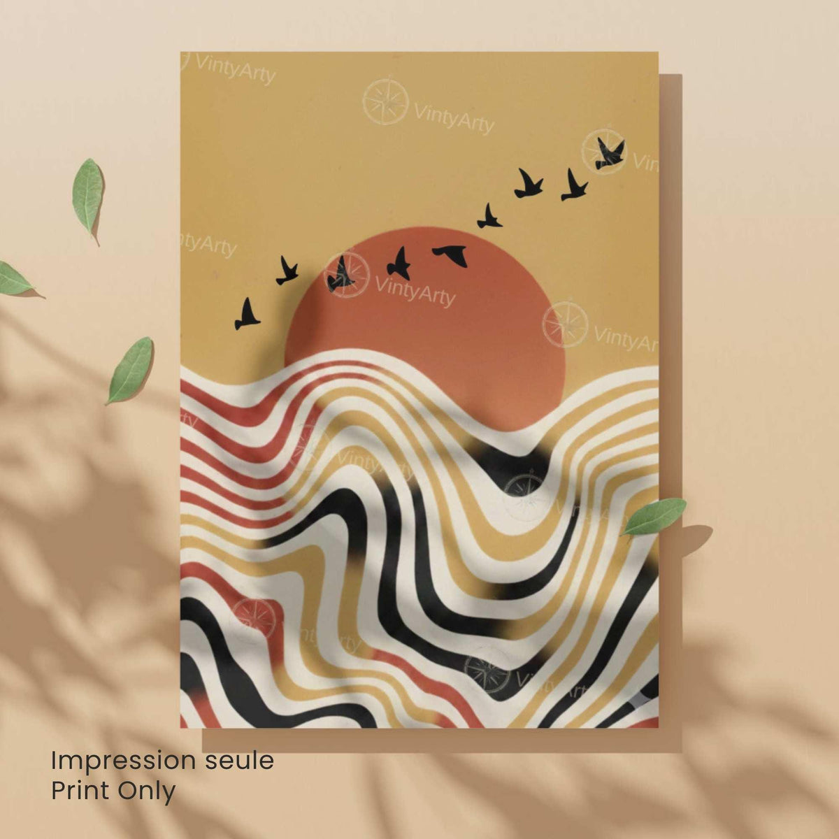 Affiche paysage vagues rétro oiseaux soleil terracotta, art mural boho vintage