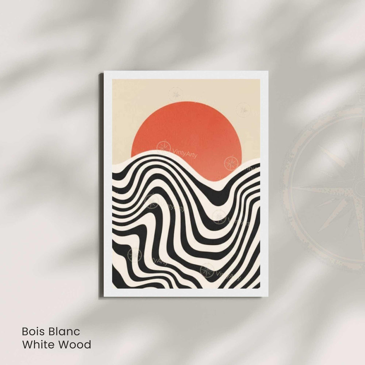 Affiche soleil couchant vagues noir et blanc, art mural rétro graphique