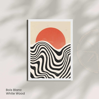 Affiche soleil couchant vagues noir et blanc, art mural rétro graphique