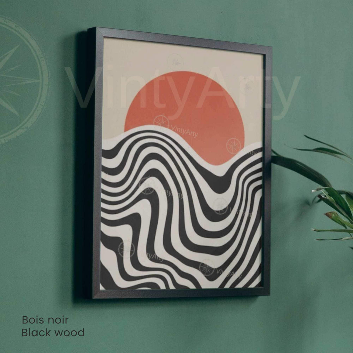 Retro coral sun poster black cream wavy stripes, natural wood frame vintage decor