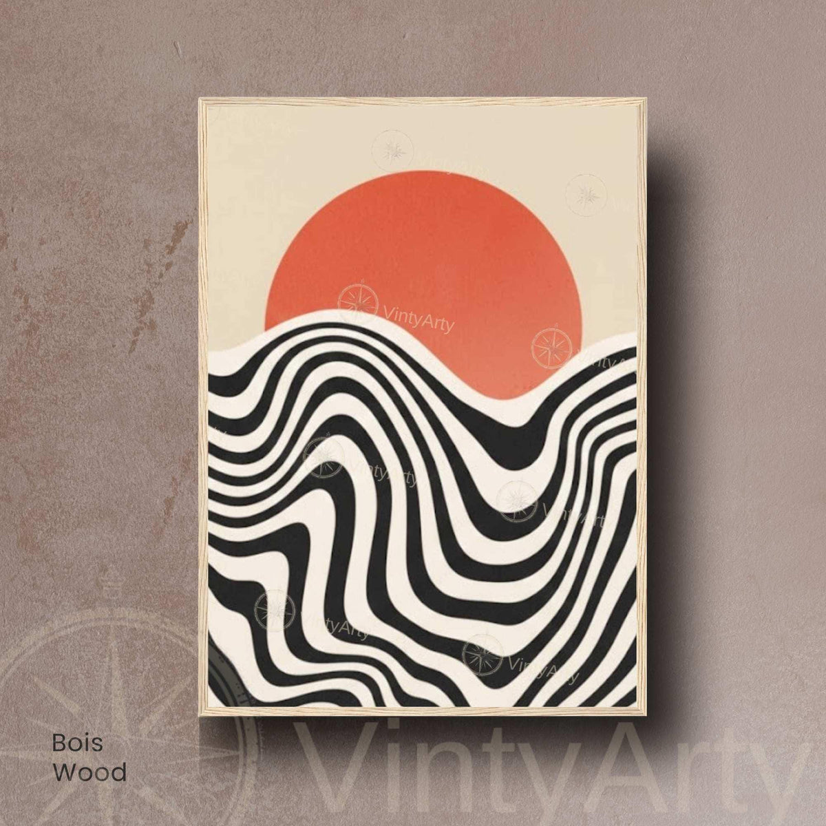 Affiche soleil couchant vagues noir et blanc, art mural rétro graphique
