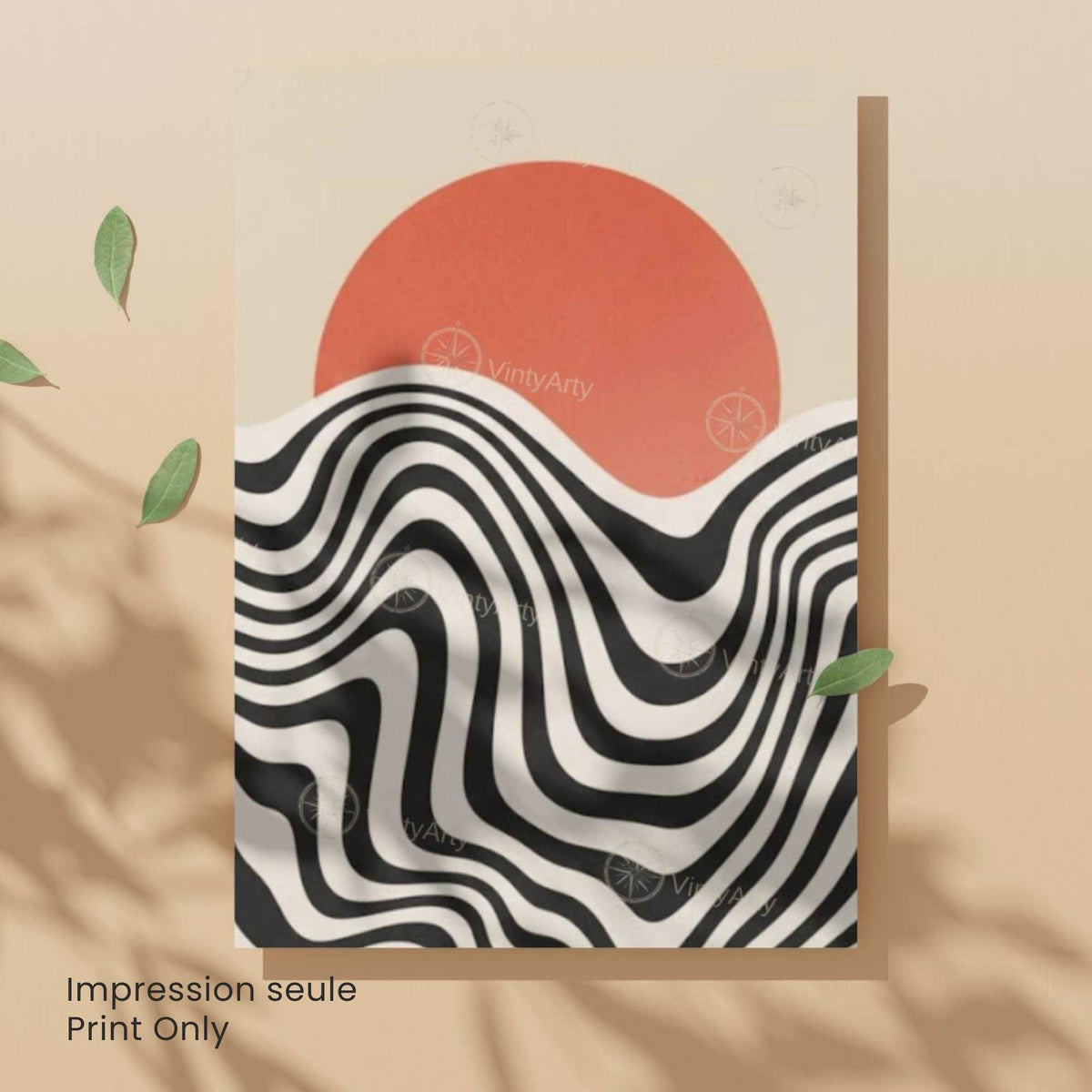 Affiche soleil couchant vagues noir et blanc, art mural rétro graphique