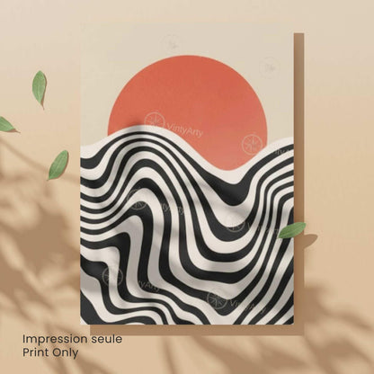 Affiche soleil couchant vagues noir et blanc, art mural rétro graphique