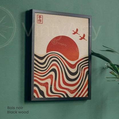 Affiche soleil couchant vagues noir et blanc, art mural rétro graphique
