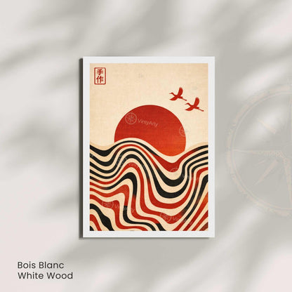 Affiche soleil couchant vagues noir et blanc, art mural rétro graphique