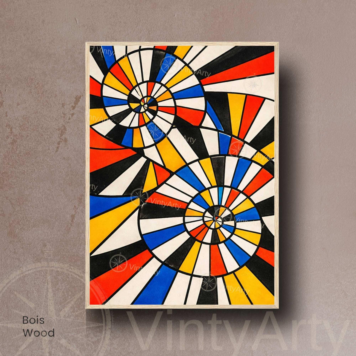 Affiche abstraite géométrique Bauhaus, spirales colorées rouge bleu jaune noir, art mural moderne
