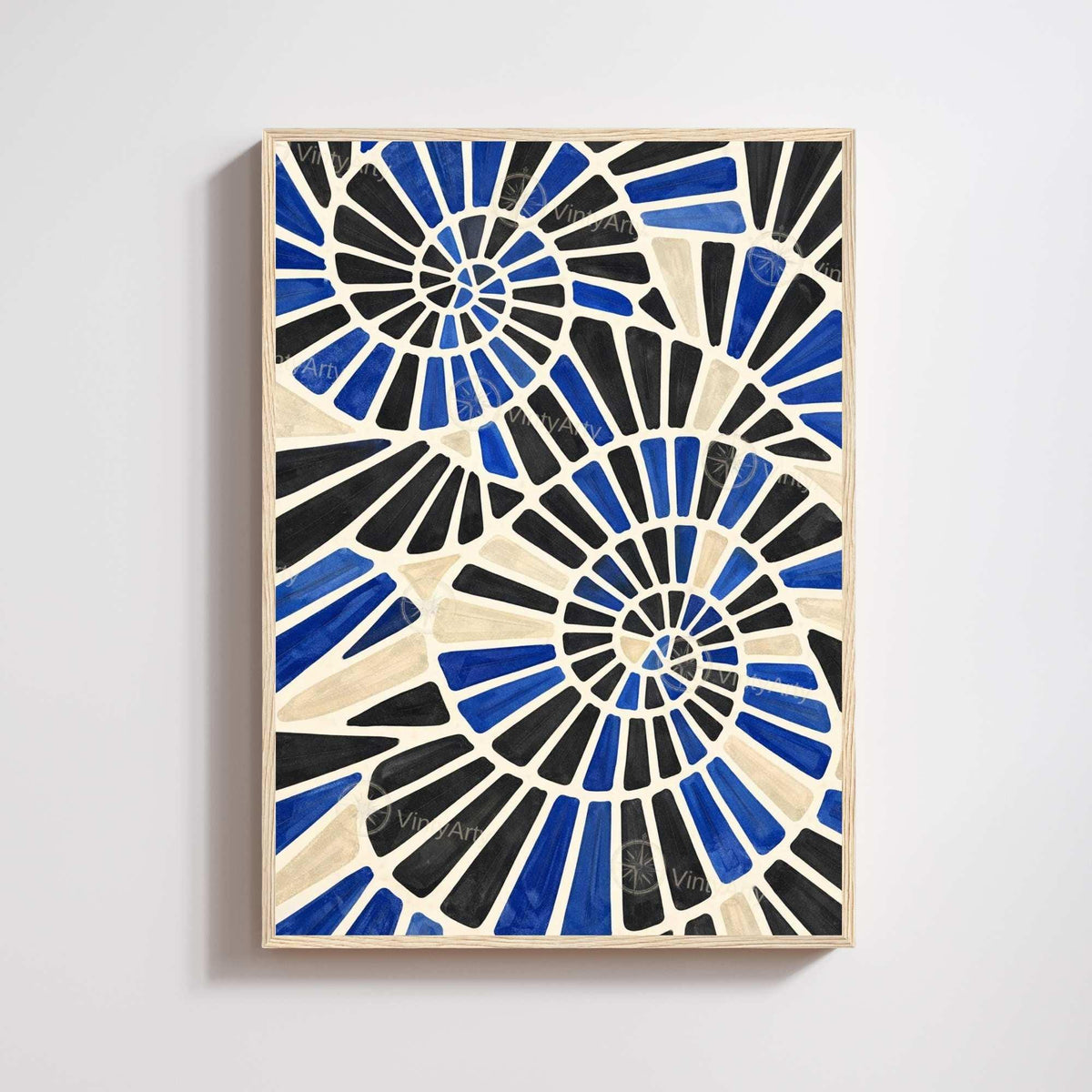 Abstract spiral print blue black beige mosaic, modern geometric wall art cream background