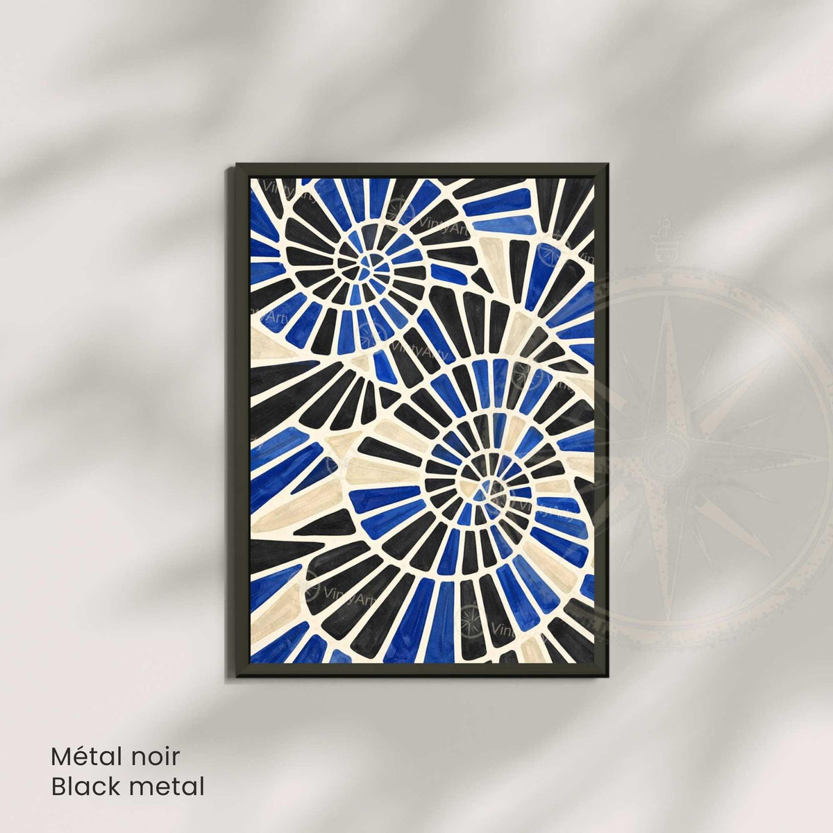 Affiche spirales abstraites bleu noir, art mural mosaïque graphique moderne