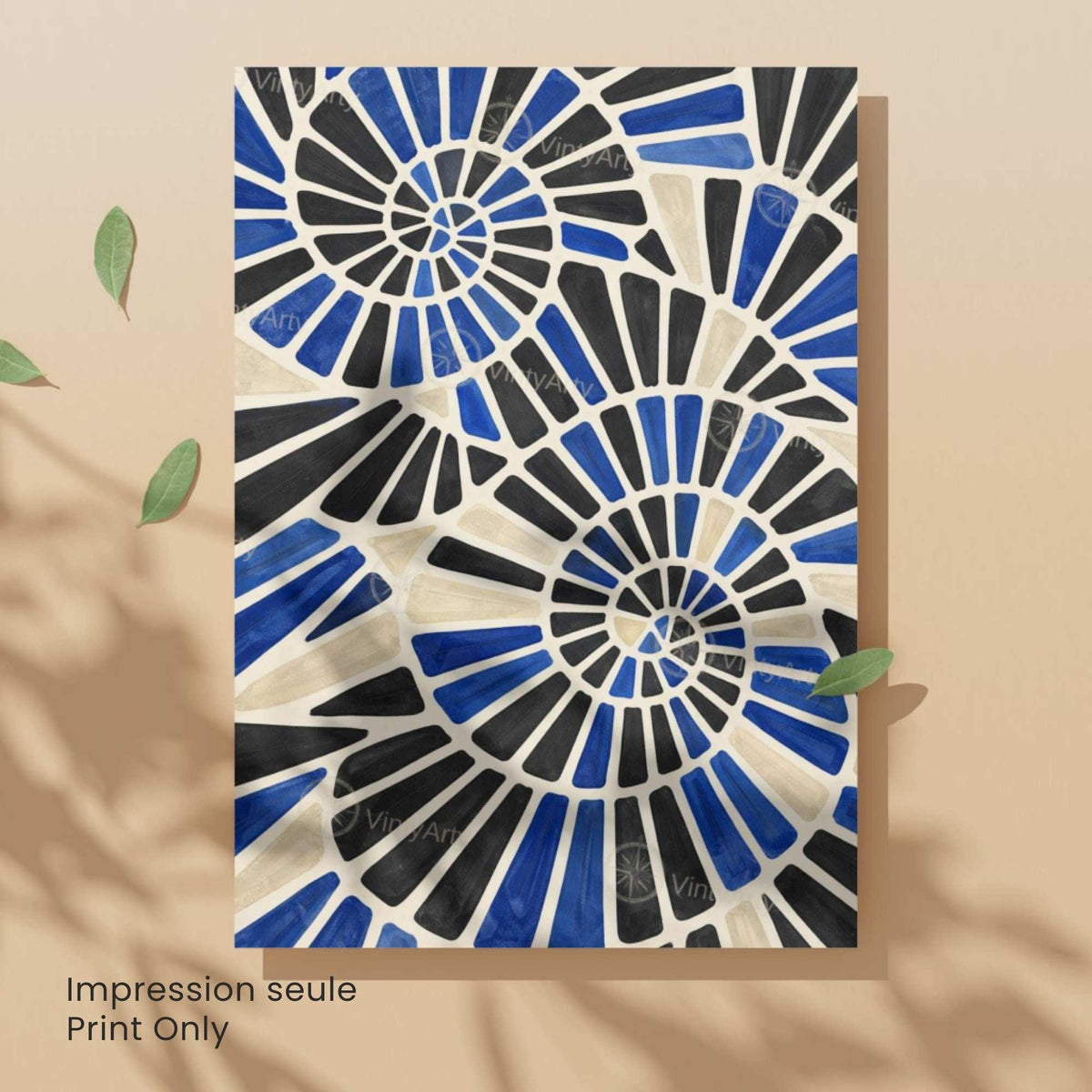 Abstract shell spiral wall art unframed, cobalt blue black geometric print