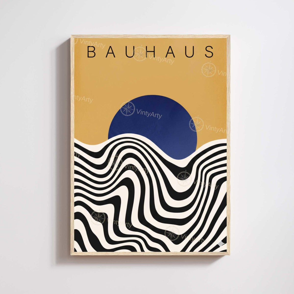 Affiche Bauhaus soleil bleu vagues, art mural exposition rétro moderne