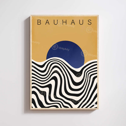 Affiche Bauhaus soleil bleu vagues, art mural exposition rétro moderne