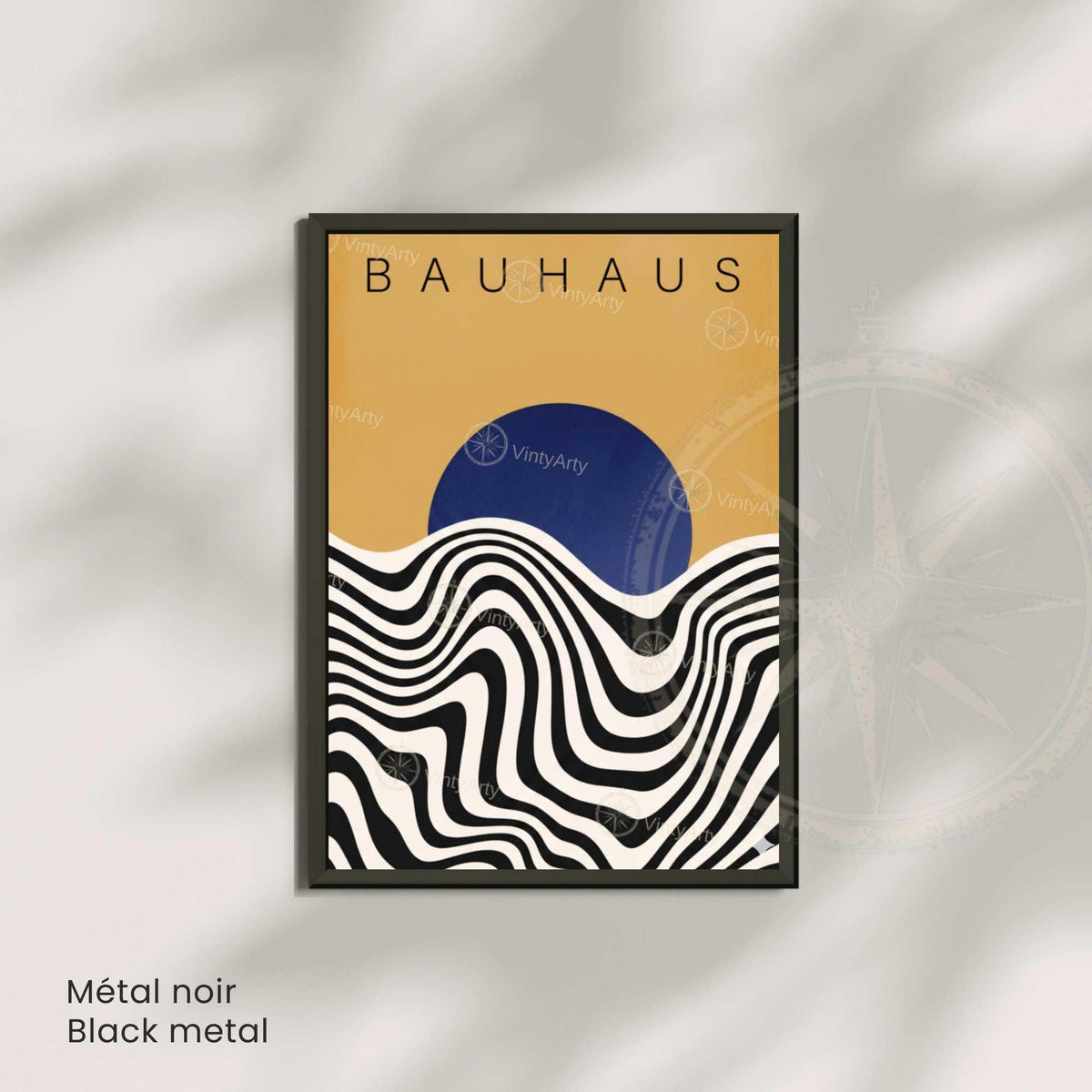 Affiche Bauhaus soleil bleu vagues, art mural exposition rétro moderne