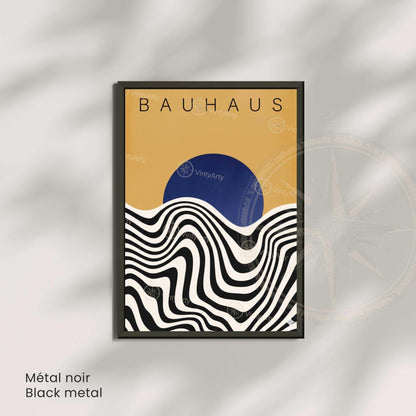 Affiche Bauhaus soleil bleu vagues, art mural exposition rétro moderne