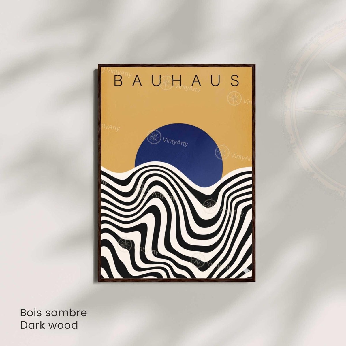 Affiche Bauhaus soleil bleu vagues, art mural exposition rétro moderne