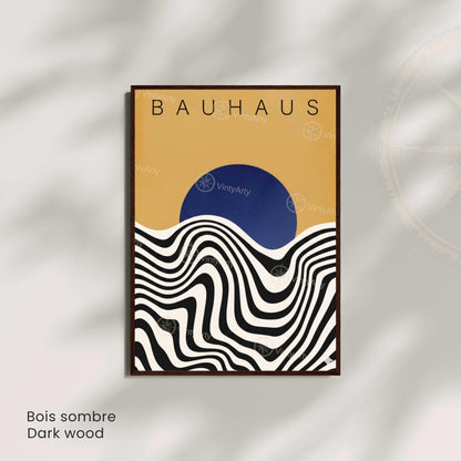 Affiche Bauhaus soleil bleu vagues, art mural exposition rétro moderne