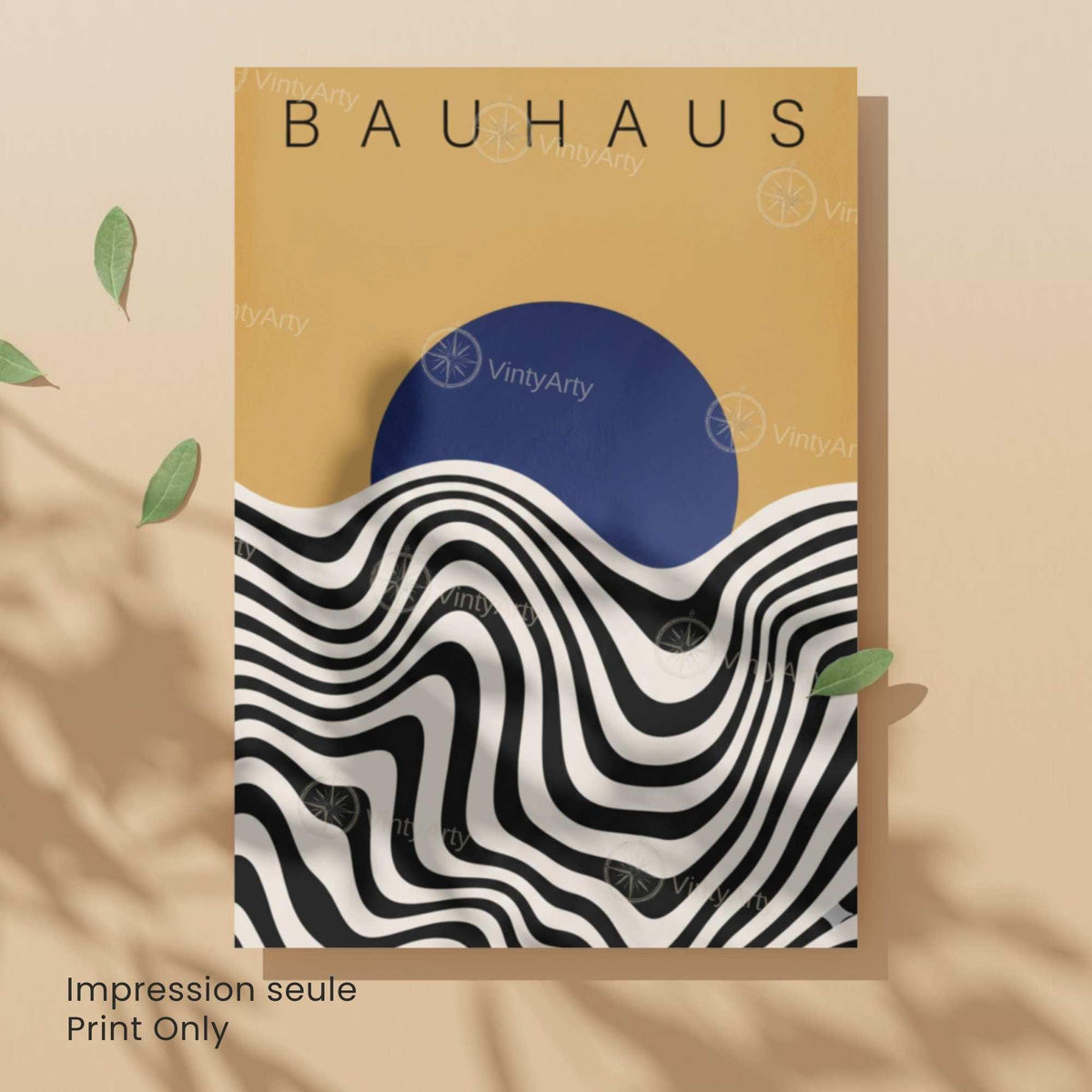 Affiche Bauhaus soleil bleu vagues, art mural exposition rétro moderne