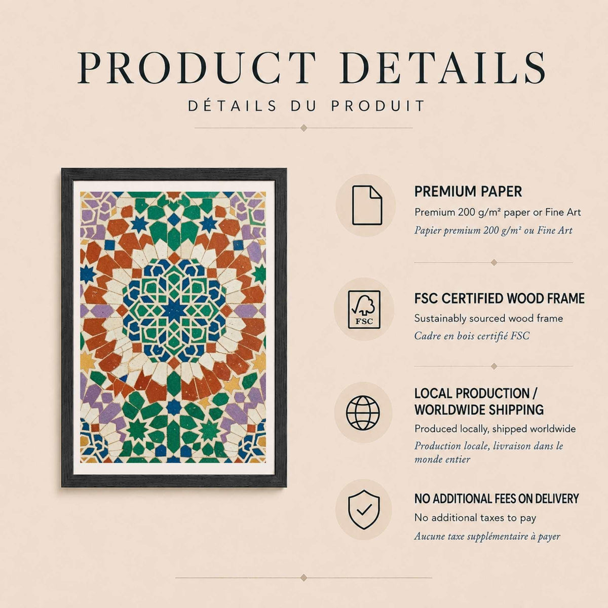 Affiche zellige mosaïque géométrique colorée, art mural islamique traditionnel