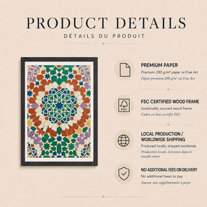 Affiche zellige mosaïque géométrique colorée, art mural islamique traditionnel