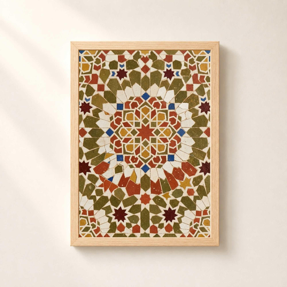 Affiche zellige mosaïque tons terre, art mural géométrique islamique vert olive terracotta