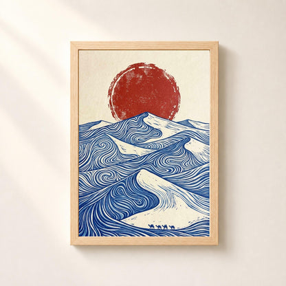 Desert dunes print red sun camels, blue swirling lines on cream with camel caravan, linocut style wall art