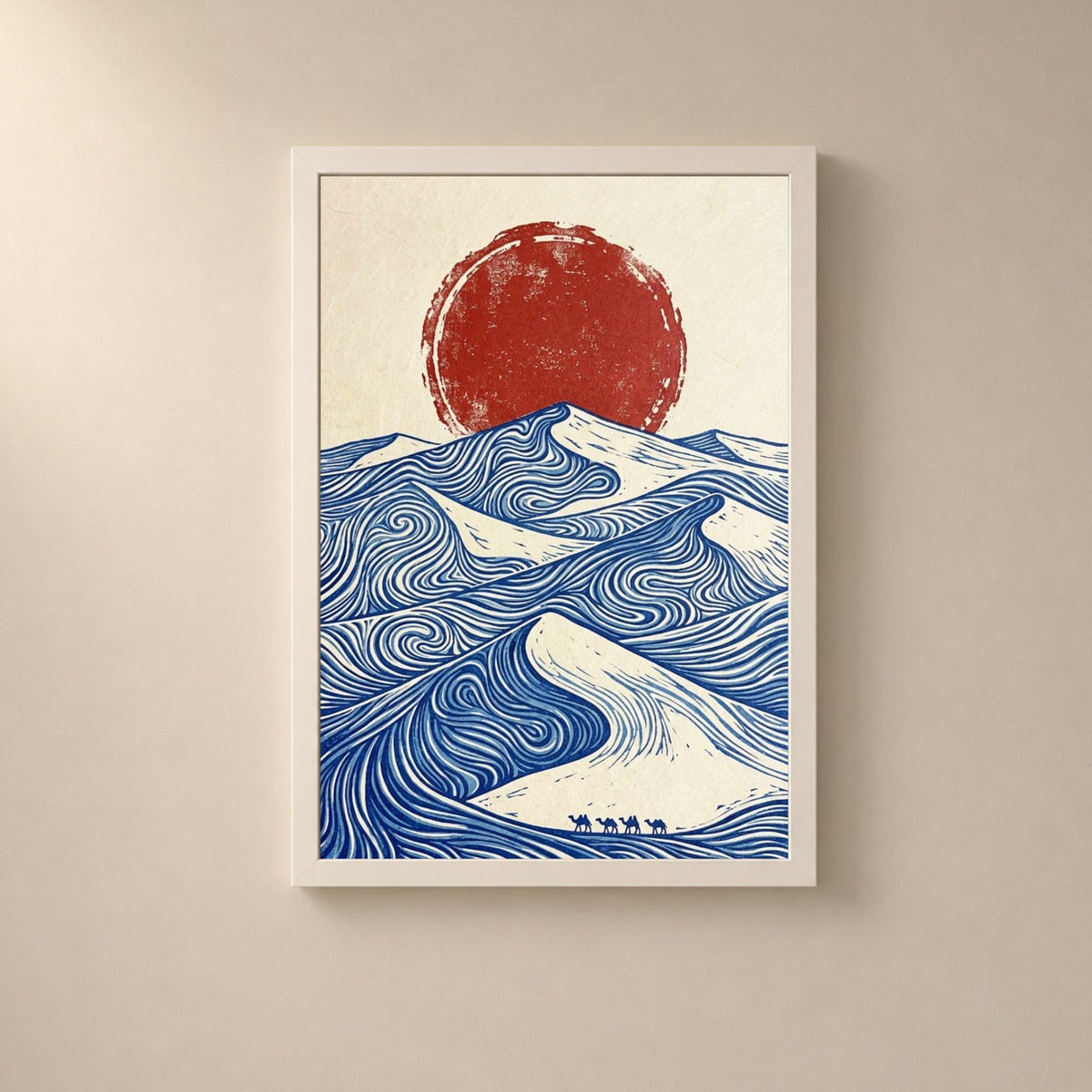 Affiche dunes désert soleil rouge gravure, art mural caravane chameaux linogravure bleue