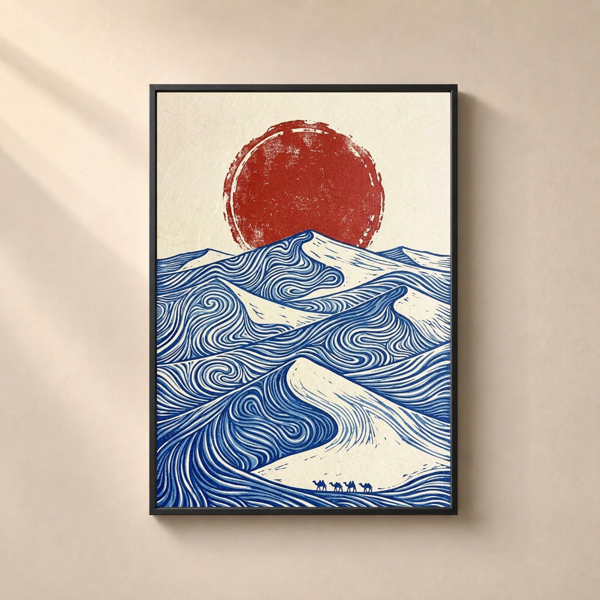 Desert dunes poster, blue swirl sand ridges textured red sun camels, natural wood frame boho