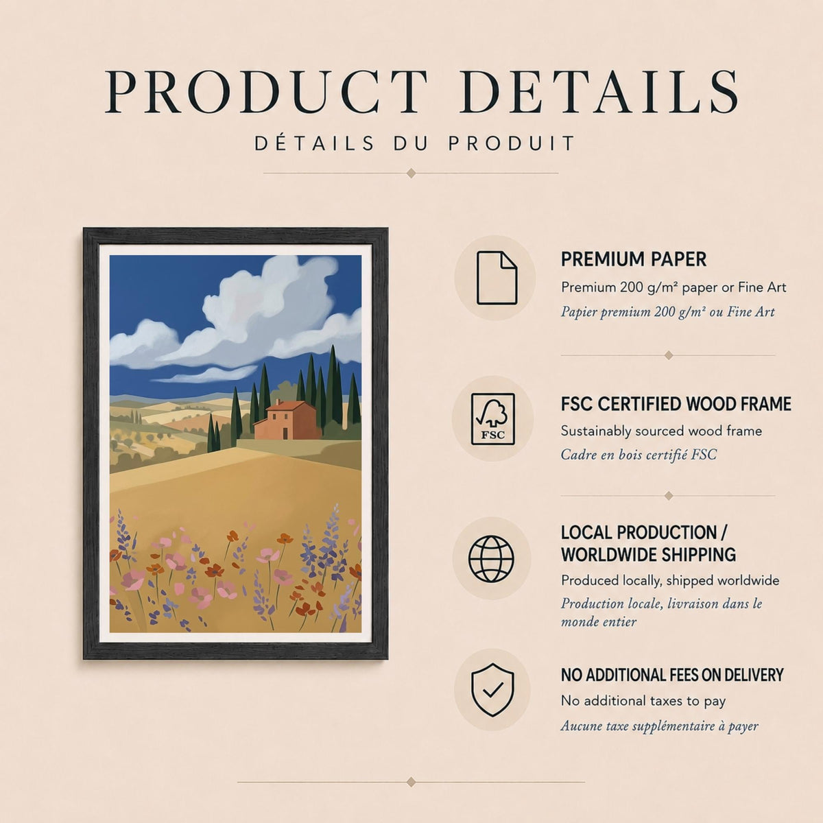 Affiche paysage Toscane villa cyprès fleurs sauvages, art mural méditerranéen été