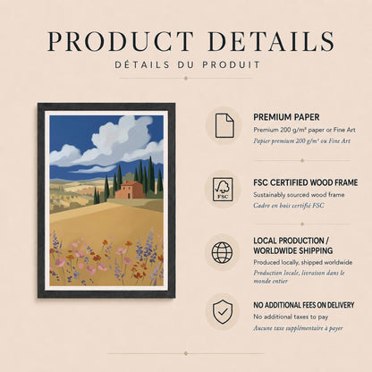 Affiche paysage Toscane villa cyprès fleurs sauvages, art mural méditerranéen été