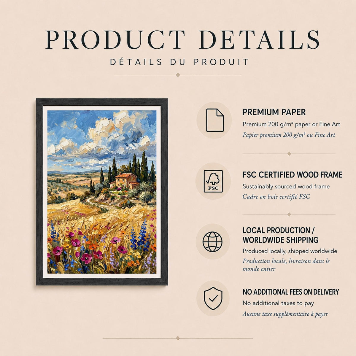 Affiche paysage Toscane villa cyprès fleurs sauvages, art mural méditerranéen été