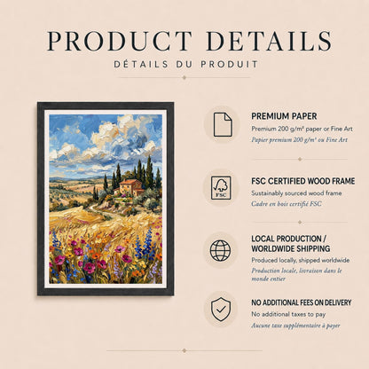 Affiche paysage Toscane villa cyprès fleurs sauvages, art mural méditerranéen été